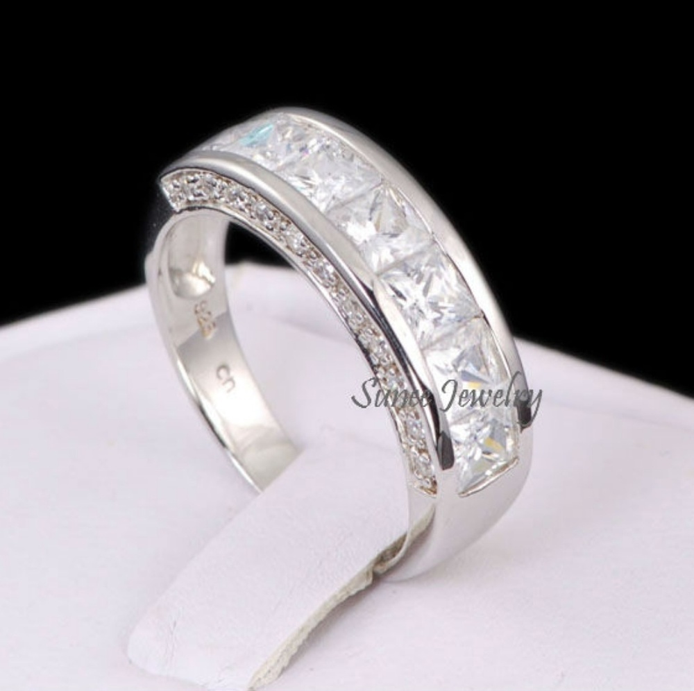 2 Pc NEW 925 MENS WEDDING BAND RING PRINCESS DIAMOND CUT